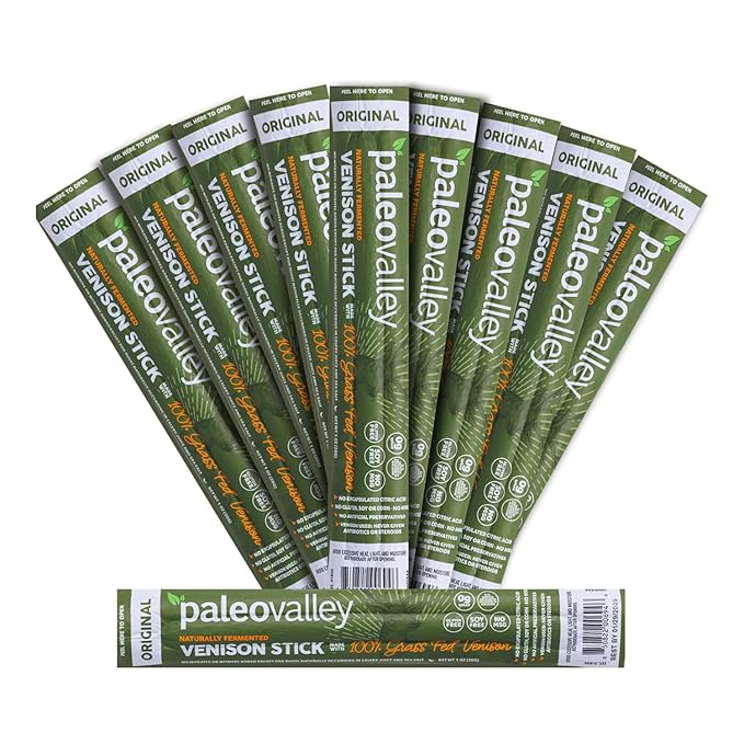 Paleovalley 100% Grass Fed Venison Sticks - 10 Pack -Keto-Friendly, High Protein, Low-Calorie Snack - Omega-3 Rich, Gluten-Free, Nitrate-Free, Naturally Flavored -Healthy On-the-Go Meat Snack