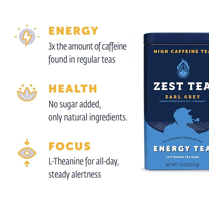 Zest Tea Premium Energy Hot Tea, High Caffeine Blend Natural & Healthy Traditional Black Coffee Substitute, Perfect for Keto, 150 mg Caffeine per Serving, Earl Grey Black Tea, Tin of 15 Sachet Bags
