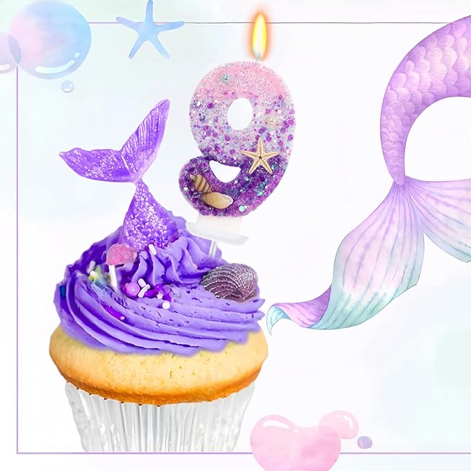 Purple Mermaid Party Number 9 Cake Candles, 2.76 inch Birthday Candle, Cake Topper Decoration for Birthday Party (Number 9)