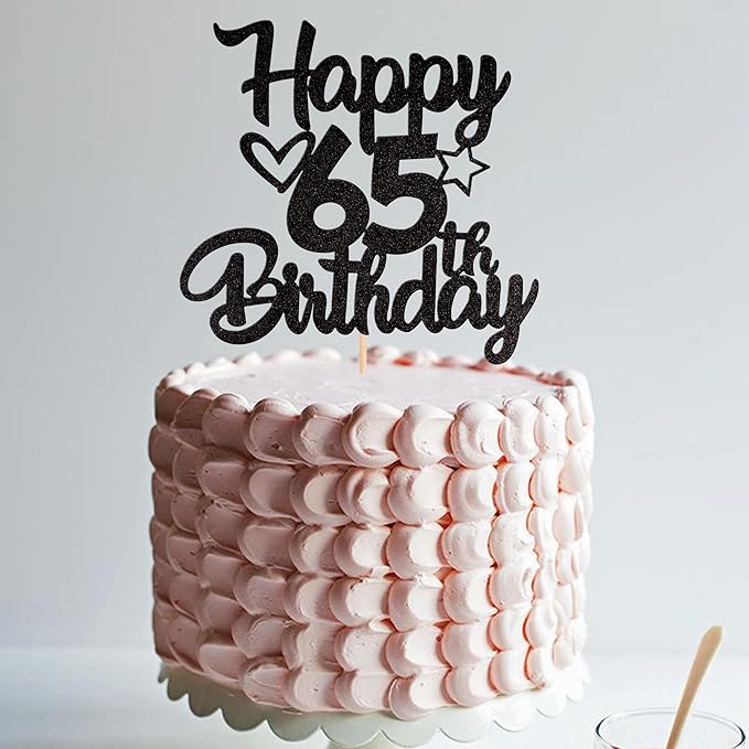 1 Pack Happy 65th Birthday Cake Topper Glitter Heart Star 65 Fabulous Cake Pick Birthday Sign Cake Decorations for Children 65th Birthday Theme Party Supplies Black