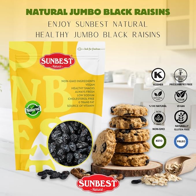 Sunbest Natural Jumbo Black Raisins ??5 lb Bulk Bag (80 oz) ??Plump, Juicy & Nutrient-Rich ??High in Fiber ??Resealable, Perfect for Snacking, Cooking & Baking