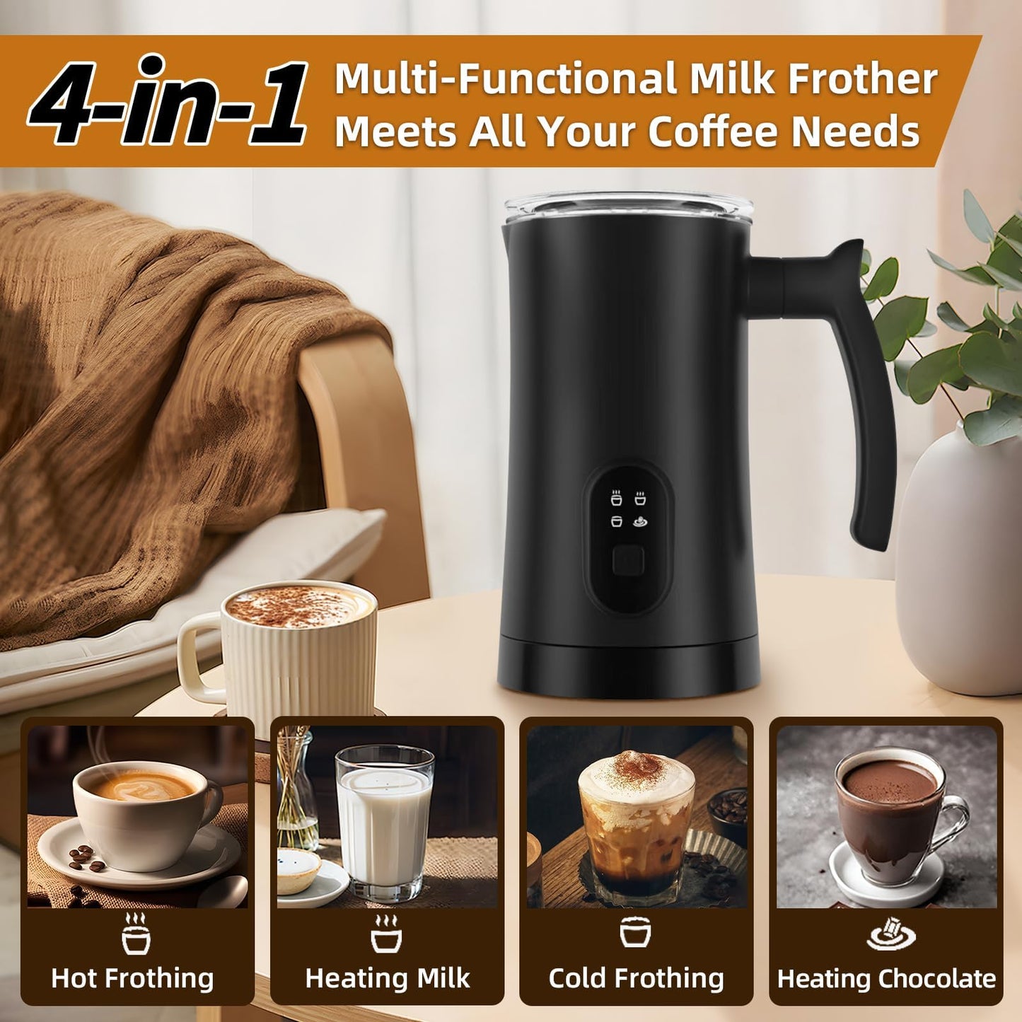 MUMAO Milk Frother, 4-in-1 Electric Milk Steamer, 350ml/11.8oz Automatic Frother for Coffee, Warm