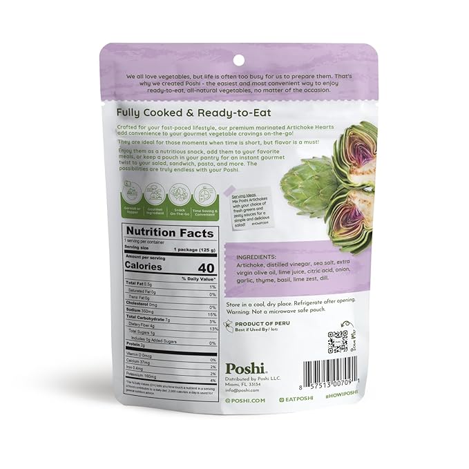 POSHI Marinated Artichoke Hearts with Basil + Thyme Natural, Keto, Vegan, Non GMO, Low Carb + Calorie, Gluten Free Ready to Eat Fully Cooked Vegetables, Pentry Food, Gourmet, Healthy 6 Pack, 4.4 oz