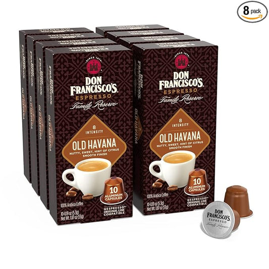 Don Francisco's Old Havana Espresso Pods: 80 Recyclable Aluminum Capsules, Intensity 8 Medium Dark Roast, Nespresso Original Line Compatible - Bold Cuban-Style coffee with Nutty Notes