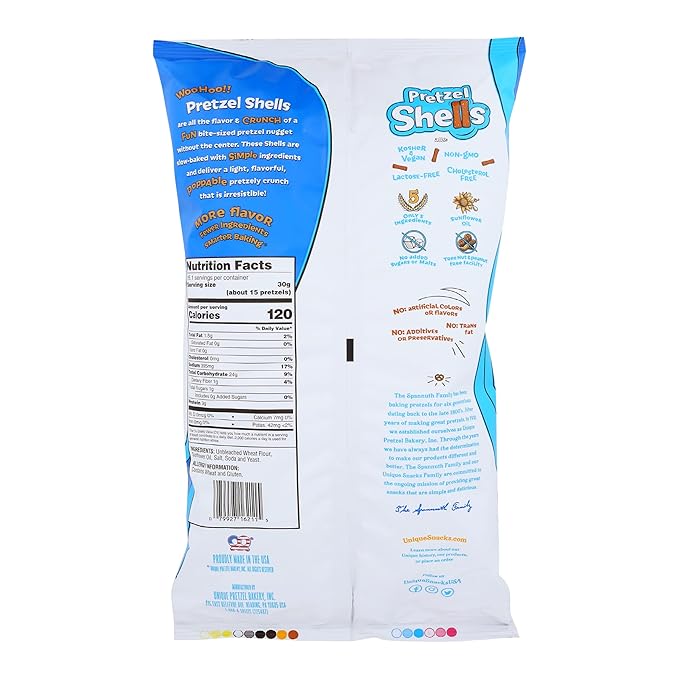 Unique Snacks Original Pretzel Shells, Delicious Homestyle Baked Snack Bag, Vegan, OU Kosher, and Non-GMO Food, No Artificial Flavor, 16 Oz. Bag, Pack of 12