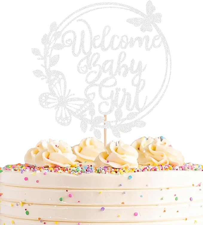 Welcome Baby Girl Cake Topper - Silver Glitter Baby Shower Cake Decorations, Baby Girl Cake Decor, for Baby Shower/Birthday Party/Gender Reveal Party Photo Booth Props