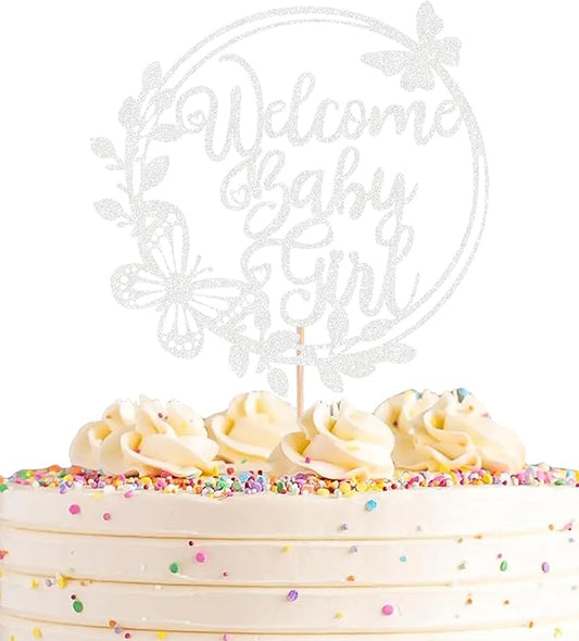 Welcome Baby Girl Cake Topper - Silver Glitter Baby Shower Cake Decorations, Baby Girl Cake Decor, for Baby Shower/Birthday Party/Gender Reveal Party Photo Booth Props