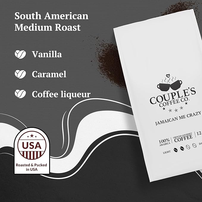 Couple?™s Coffee Ground Coffee | Gives Back to Military Families | Jamaican Me Crazy | Vanilla, Caramel, and Rum Flavored Coffee | Made with 100% Arabica Beans | 12oz bag brews about 34 cups