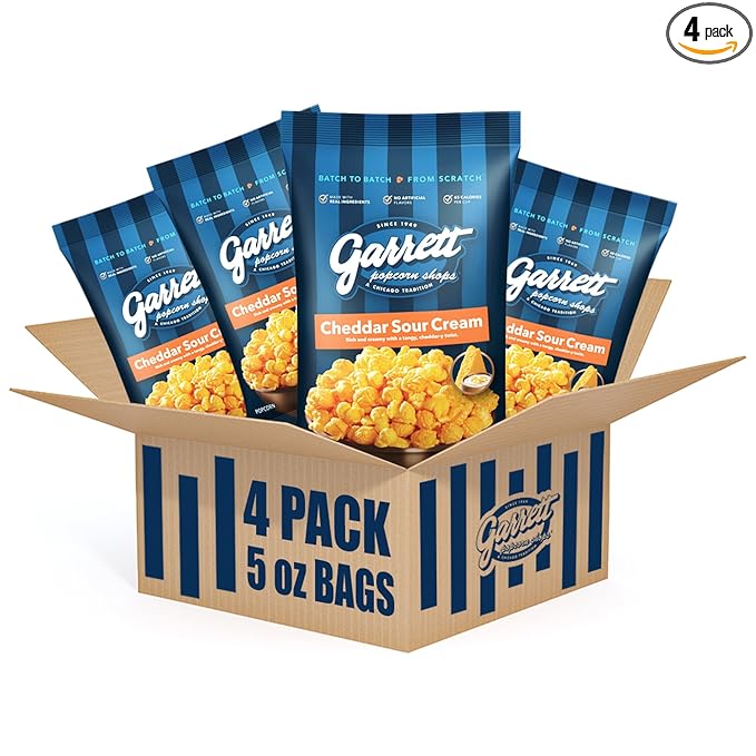 Garrett Popcorn Cheddar Sour Cream, 5.0oz, 4 Bags, Cheesy Popcorn, Gluten Free, Savory Snack, Popped Pop Corn Bags