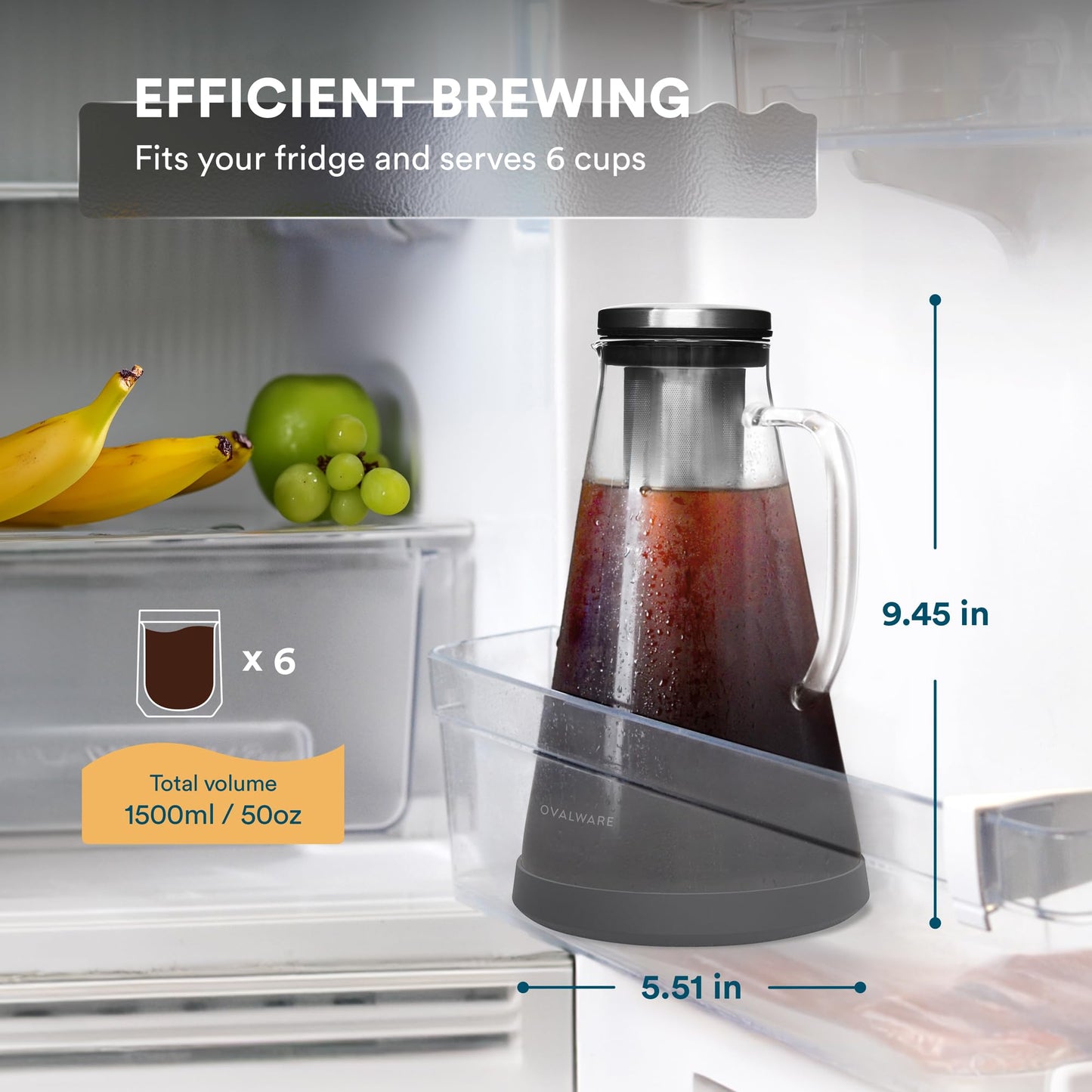 OVALWARE Airtight Cold Brew Iced Coffee Maker Pitcher (& Iced Tea Maker) with Spout – 1.5L/ 51oz