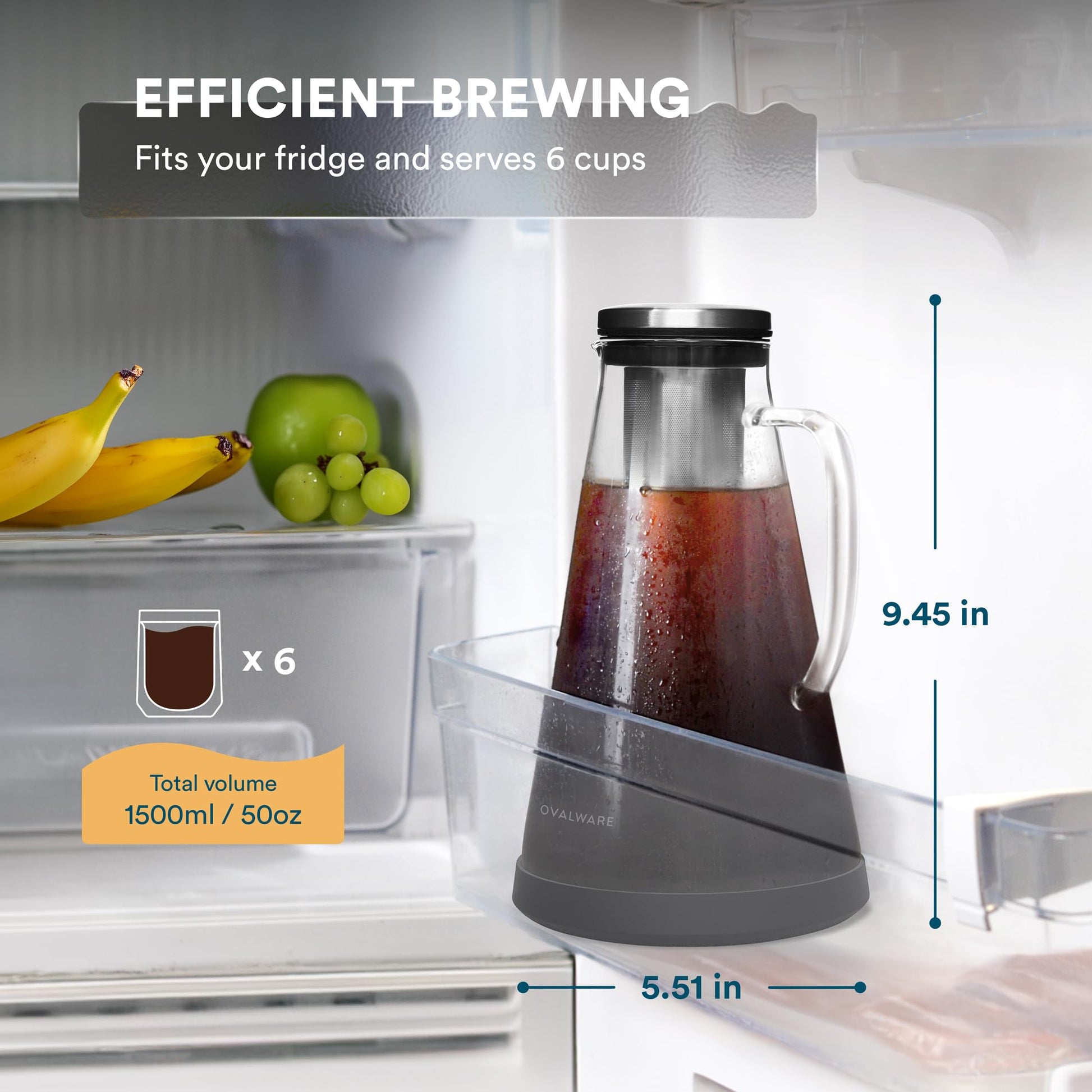 OVALWARE Airtight Cold Brew Iced Coffee Maker Pitcher (& Iced Tea Maker) with Spout – 1.5L/ 51oz