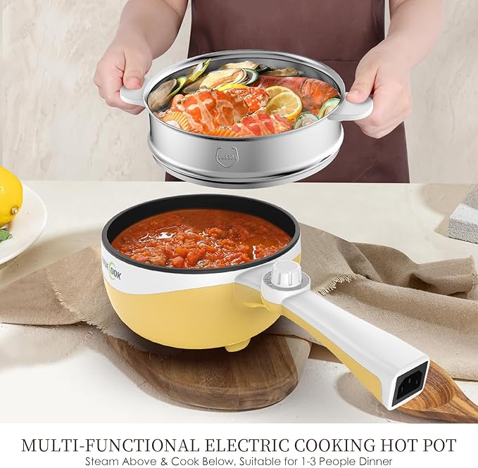 Audecook Hot Pot Electric with Steamer, 1.7L Mini Electric Skillet Portable Nonstick Saut챕 Pan with Power Adjustment, Rapid Noodles Cooker Travel Multicooker for Steak/Soup/Egg/Oatmeal/Noodles