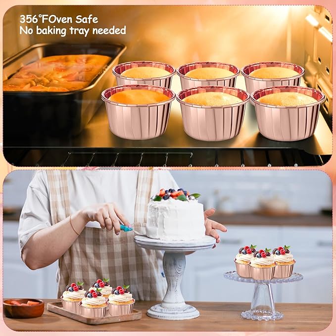 300 Pack Rose Gold Cupcake Liners Bulk Disposable Foil Muffin Cups 3.5 oz Wrappers for Baking Aluminum Paper Mini Metallic Disposable Holiday Party Wedding Festival Supply
