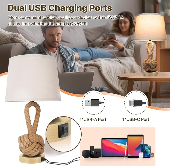 22" Rope Lamps for Night Stands, Bedside Lamps Set of 2, 3-Color Temperatures Boho Lamp with Rotary Switch, Table Lamps for Living Room Bedroom, Rattan Lamp with USB Ports, Bulbs Included