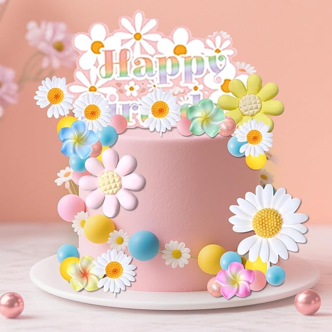 33 PCS Daisy Cake Decor Daisy Flower Birthday Cake Cupcake Toppers Hippie Themed Cake Cake Toppers Boho Baby Shower Birthday Wedding Supplies