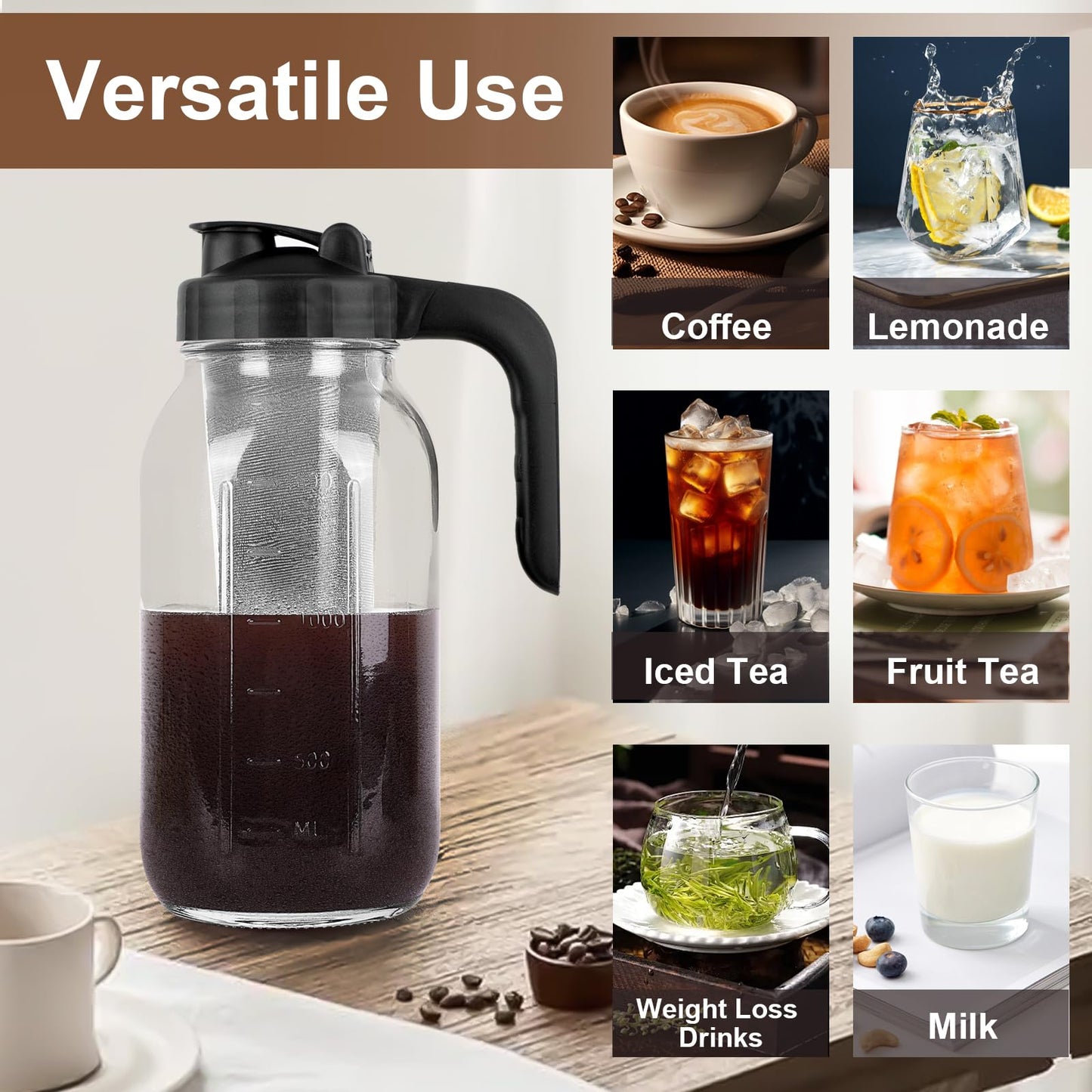 Cold Brew Coffee Maker Pitcher, 64 Oz Heavy Duty Glass Mason Jar Pitcher with V-shaped Pour Spout