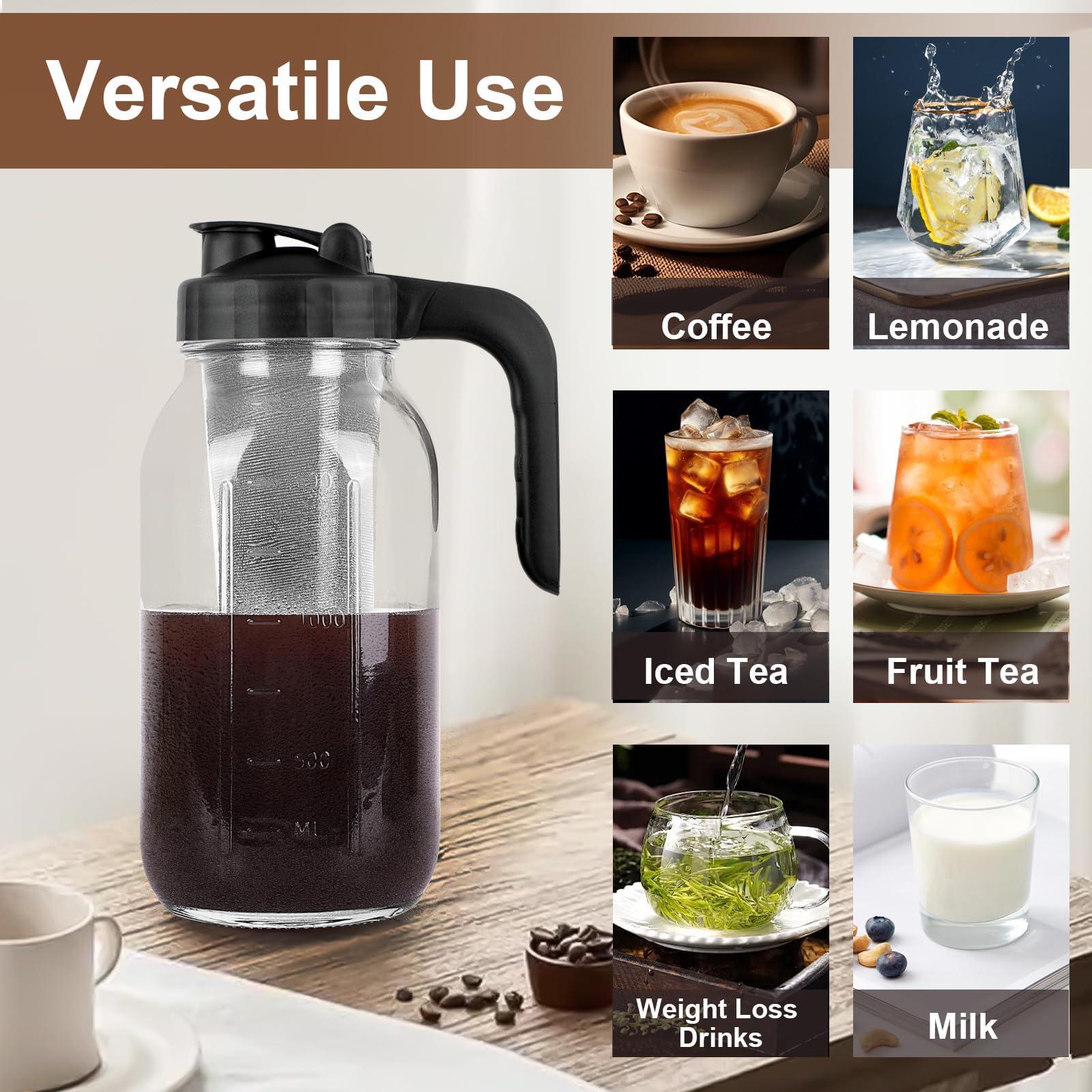 Cold Brew Coffee Maker Pitcher, 64 Oz Heavy Duty Glass Mason Jar Pitcher with V-shaped Pour Spout