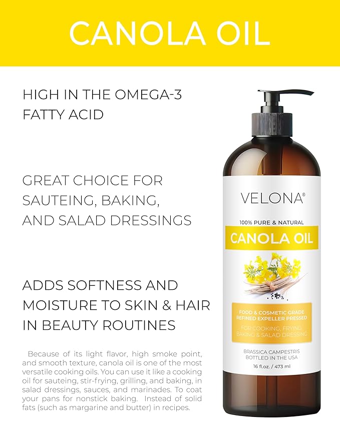 velona Canola Seed Oil 16 fl oz | 100% Pure and Natural Carrier Oil | Refined, Expeller pressed | Cooking, Dressing, Skin, Face, Body, Hair Care | Use Today - Enjoy Results