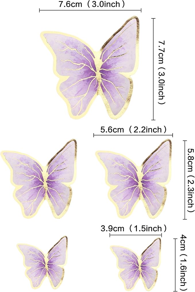 30pcs Purple Gold Edge Mixed Size Lively 3D Waterproof Butterfly Cupcake Topper for Girls Women's Happy Birthday Wedding Party Cake Wall Party Food Decorations