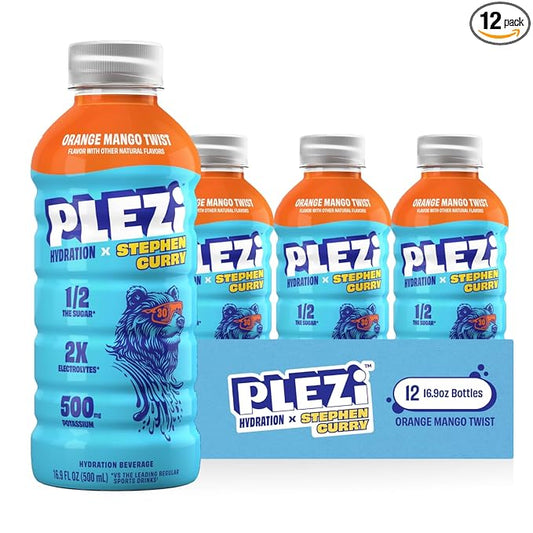 PLEZi Orange Mango Twist Hydration Drink x Stephen Curry - Sports Drinks with 2X Electrolytes - 500mg Potassium, Low Sugar, No Added Sugar - For Kids & Adults - 16.9 Fl Oz (12 Pack)