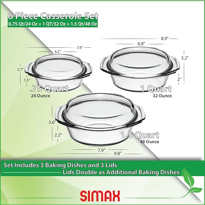 Simax Casserole Dish Set, Set of 3 Casserole Dish with Lid, Round Glass Cookware, Borosilicate Glass, Made In Europe 0.75 Quart, 1 Quart and 1.5 Quart Baking Dishes??,<div>