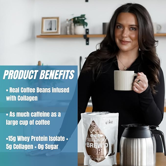 Brew???UP Collagen Protein Coffee, Whey Isolate & Collagen Peptides, Natural Caffeine, Low Lactose, No Added Sugar, Easy-Mix Protein Coffee Powder, Mocha Flavor, 15 Servings