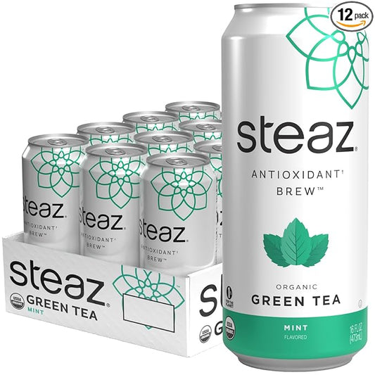 Steaz - Organic Green Tea - Mint (12 Pack) - Antioxidant Brew - 65mg Natural Caffeine, 90 Calories, Vitamin C - Cane Sugar Sweetened Iced Tea - Vegan, Fair Trade - 12 Cans, 16 fl oz (473mL)