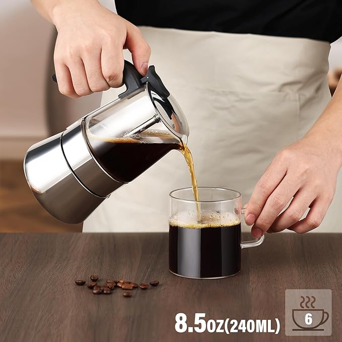 Moka Pot-Portable Stovetop Espresso Maker, Borosilicate Glass & Stainless Steel Percolator Coffee Maker 6 Cups (240ml/8.5oz)