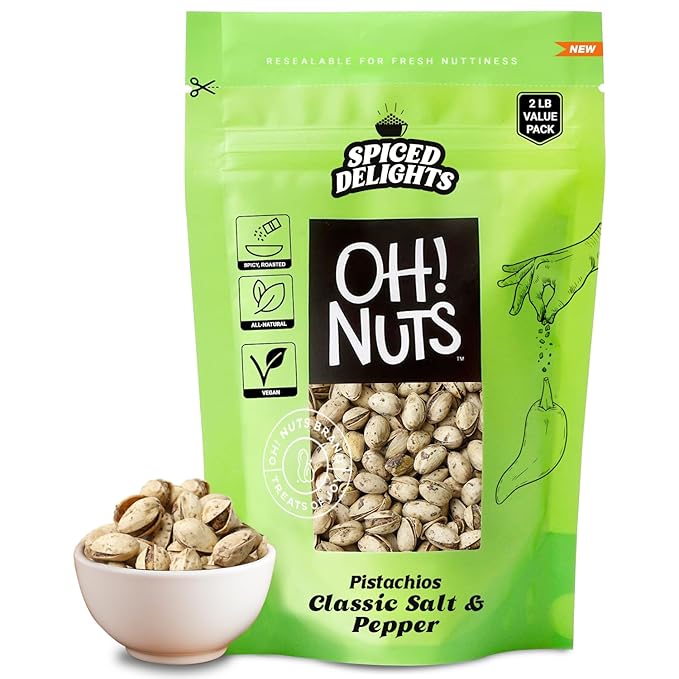 Oh! Nuts Spiced Pistachios ??Salt & Pepper, 2 LB ??Savory Seasoned Pistachios, Roasted Crunchy Snack ??Packed in Reclosable Bag to Maintain Freshness