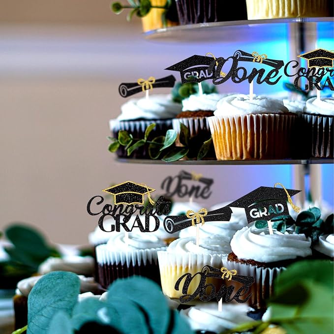 25Pcs Graduation 2024 Cake Topper Glitter Class of 2024 Cupcake Toppers 2024 High School University College Graduation Party Cake Decorations Supplies, Black and Gold