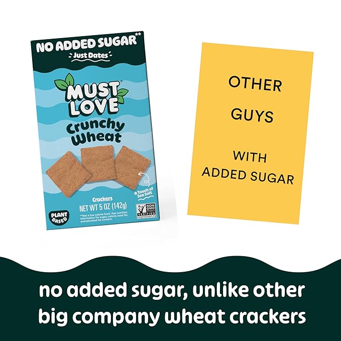 Must Love Crunchy Wheat Crackers - Healthy Lunch Snacks , Sweetened with Dates, Non-GMO - Great for Cheese Boards - Simple Ingredients, Vegan, Plant-Based - Just Sweet Enough - Healthy Snacking for Whole Family, 2 Pack x 5 oz
