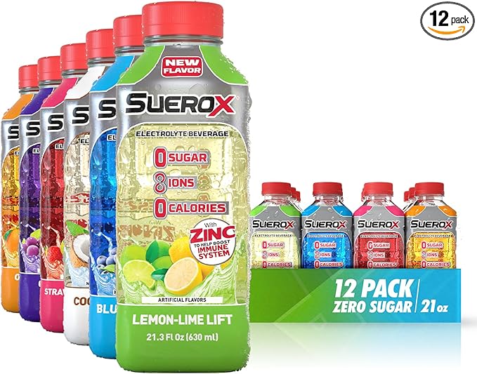 SueroX Zero Sugar Electrolyte Drink for Hydration and Recovery, Unique Blend of Electrolytes & 8 Ions, Zero Calorie Sports Drink, 21.3 Fl Oz, Party Pack, 12 Count