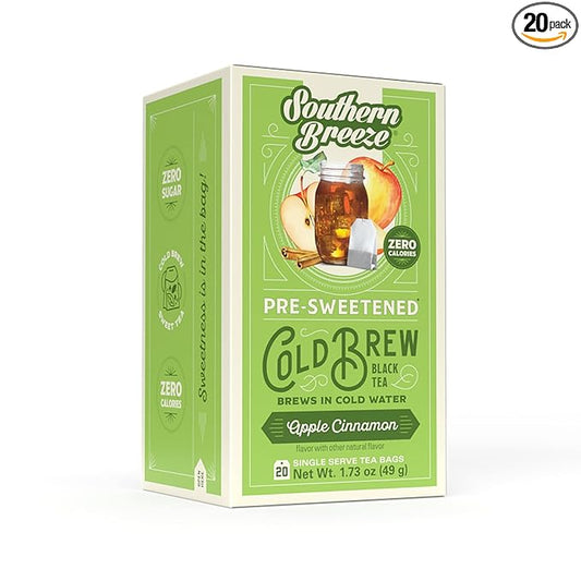 Southern Breeze Cold Brew Sweet Tea Apple Cinnamon Iced Tea with Black Tea and Zero Carbs Zero Sugar, 20 Individually Wrapped Tea Bags