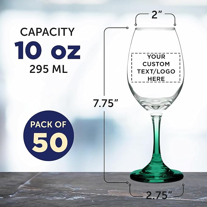 Custom Rioja Wine Glasses with Stem 10 oz. Set of 50, Personalized Bulk Pack - Color Bottom, Perfect for Wedding, Party Favors, Birthday, Bridal Shower Gifts - Green