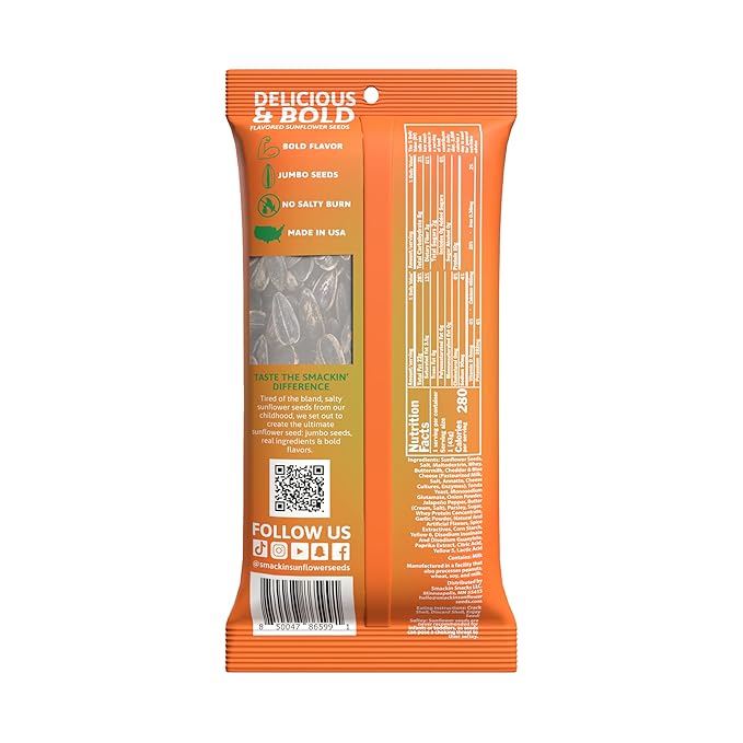 SMACKIN' Sunflower Seeds, Roasted Jumbo Small-Batch, American Made - Cheddar Jalapeño. 1.5oz bags (36 Pack)
