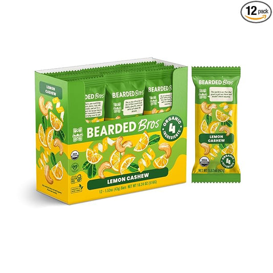 Bearded Brothers Vegan Organic Food Bar - Lemon Cashew, 12 Pack, Gluten Free, Paleo, Fiber, Whole 30 | Non GMO Low Glycemic Snacks (Packaging May Vary)