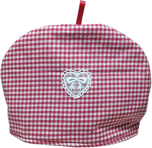 Cotton Tea Cozy Vintage Floral Printed Teapot Cover Tea Pot D챕cor Cozies Insulated Kettle Kitchen Dust Cover, Red Plaid with Lace Bow