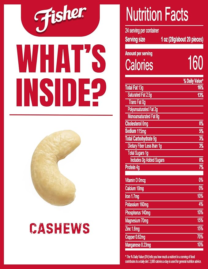 Fisher Oven Roasted Never Fried Whole Cashews, 24 Ounces (Pack of 1), Snacks for Adults, Made With Sea Salt, No Added Oils, Artificial Ingredients or Preservatives, Gluten Free, Vegan Protein, Bulk