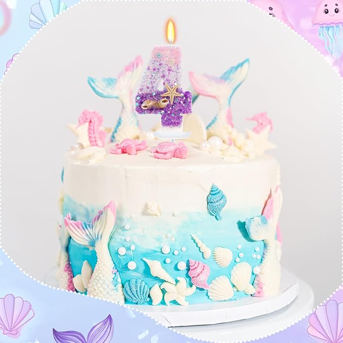 Purple Mermaid Party Number 4 Cake Candles, 2.76 inch Birthday Candle, Cake Topper Decoration for Birthday Party (Number 4)