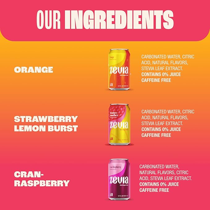Zevia Zero Sugar Soda, Fruity Variety Pack, 12 oz Cans (24-Pack) ??Naturally Sweetened, Zero Calorie Sugar Free Soda - Non-GMO Project Verified, Gluten-Free, Vegan