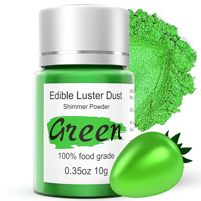 Green Luster Dust Edible Glitter for Cakes Cocktails ??10g Colaele Edible Shimmering Dust for Chocolates, Metallic Food Coloring Powder for Cake Decorating Edible Glitter for Drinks, No Gluten,Vegan