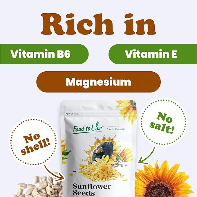 Food to Live Sunflower Seeds, 5 Pounds – Non-GMO Verified, Kernels, No Shell, Kosher, Raw, Vegan, Sirtfood, Bulk