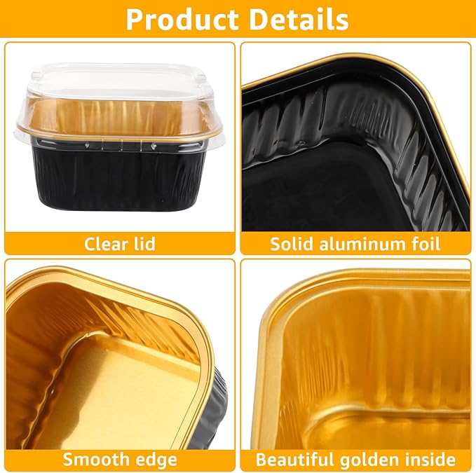 100 Pack Aluminum Foil Baking Cups with Lids, 5oz Mini Square Cupcake Cups, Disposable Muffin Tins Cupcake Liners for Brownie Cheesecake Wedding Party ??Black Gold
