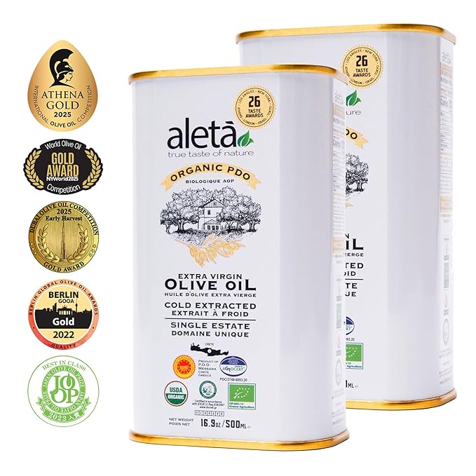 Aleta Farms Olive Oil Extra Virgin, USDA Organic, Single Estate PDO Polyphenol Rich Olive Oil, Cold Pressed, Global Gold Awards, EVOO, Kosher. 16.9 Fl Oz (Pack of 2)
