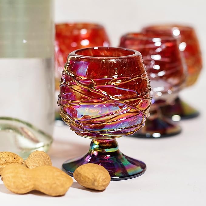 Authentic Mexican Tequila Hand Blown Shot Glasses - Set of 4-2 oz - Mini Glass Snifters - Heavy Base - Cognac (Diamond)