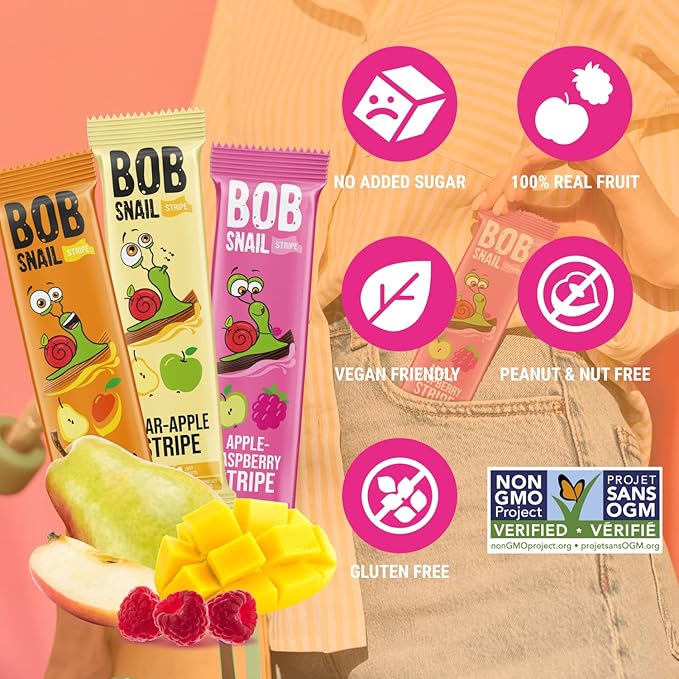 BOB SNAIL Healthy Organic Fruit Snacks for Kids and Adults ??30 Organic Fruit Leather Snacks with Pear-Apple, Raspberry, Mango ??Vegan Low-Carb Variety Pack Strips for Kids ??Sugar Free Jerky Bars