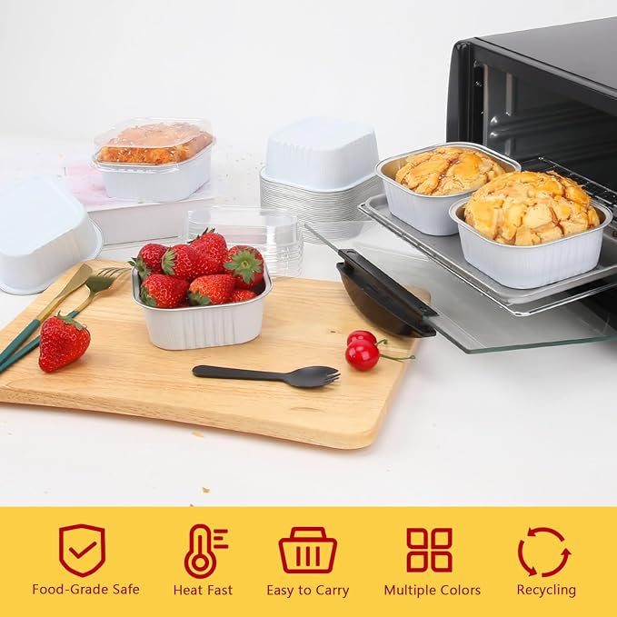 LNYZQUS 120pack/10oz Mini Cake Baking Pans with Lids, 4?�X4??Small Cake Pan Foil Brownie Tins, Square Disposable Ramekins Cupcake Baking Cups Dessert Cheesecake Containers-White