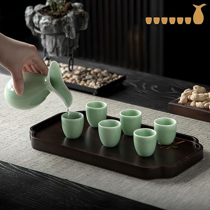 Ceramic Sake Set, Japanese Sake Set Traditional, Sake Set of 7, 1 Tokkuri Bottle (6.4 oz) and 6 Ochoko Cups (0.7 oz), Retro style, Solid Color Glazed Surface, for Hot or Cold Sake