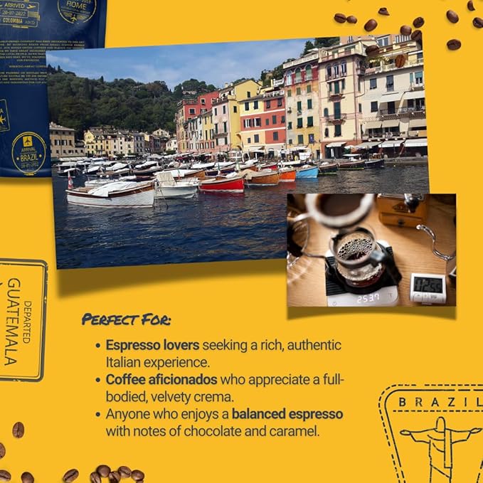Passport Coffee Portofino Espresso ??Medium-Light roast blend from Ethiopia, Costa Rica, Guatemala & Brazil. Flavor notes of caramel & brown sugar. Premium whole bean coffee,12oz Bag