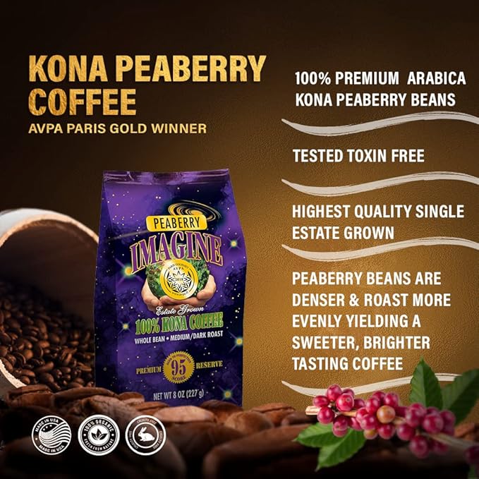 Imagine Kona Peaberry Rare Coffee Beans | Top Grade Air Roasted | Medium Dark Roast - 8 ounce
